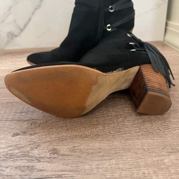 Marc Fisher Black Suede Heeled Booties with Fringe - Picture 6 of 6